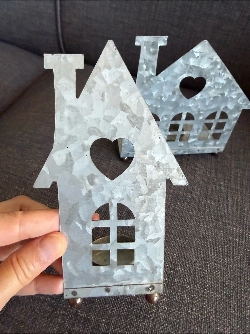 Galvanized Metal House Tealight Candle Holders Set of 2